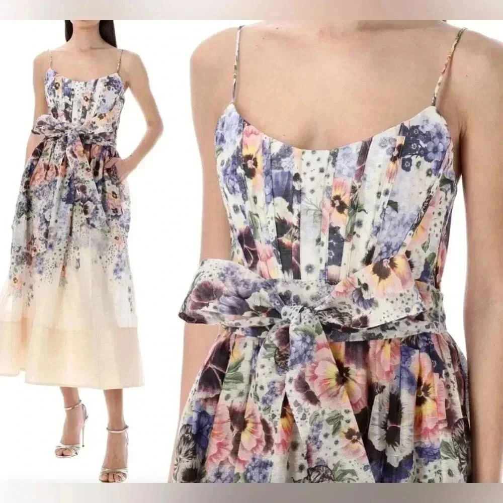 Zimmermann Tama Corset Linen Silk Midi Dress 1 US6 Floral Pansy Waist Tie Belted - Picture 11 of 16